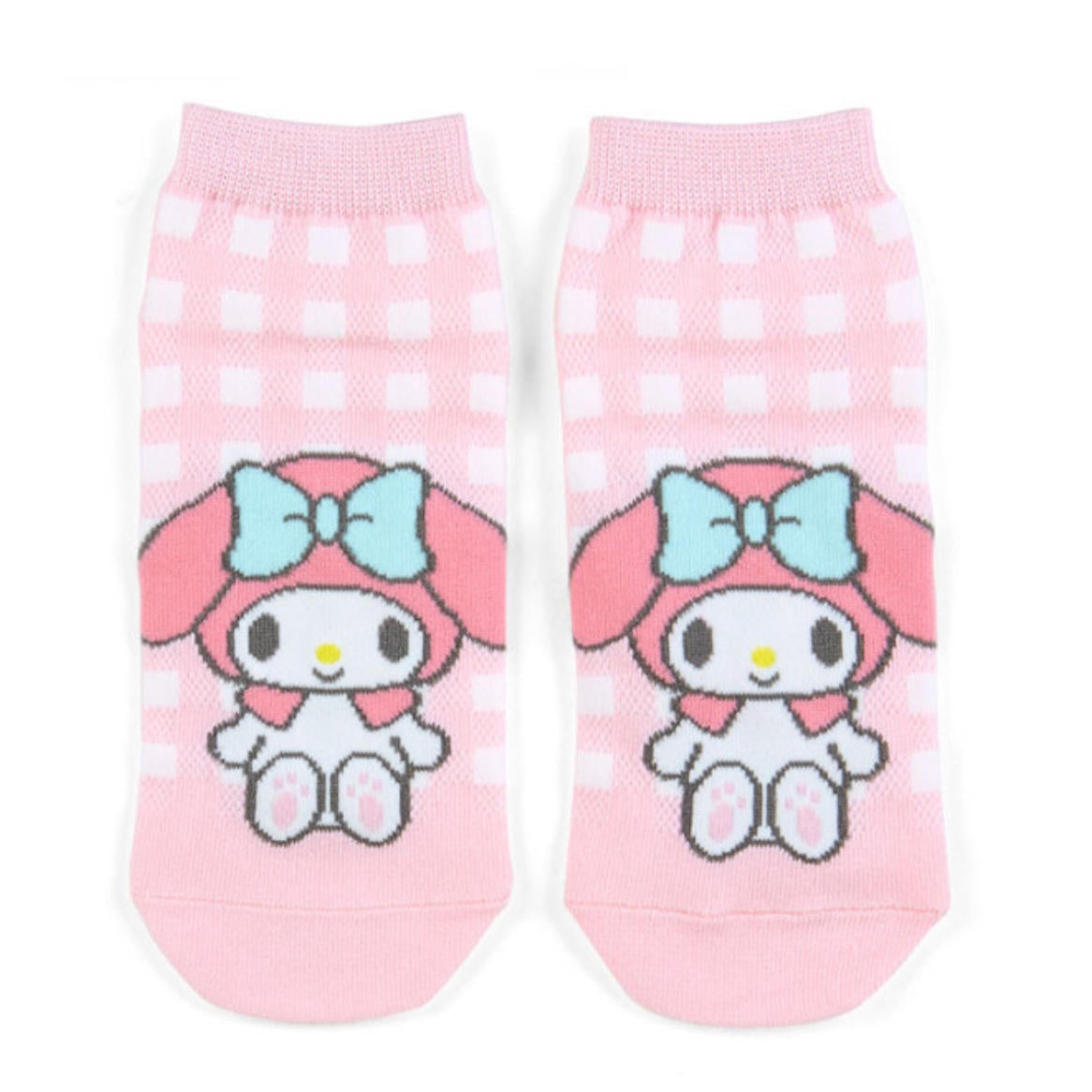 Pair of pink socks with cartoon character and bow design on a white background