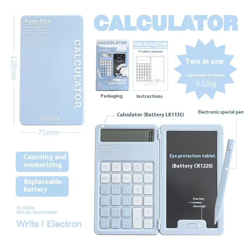 Two-in-one calculator and electronic special pen with packaging and features highlighted.