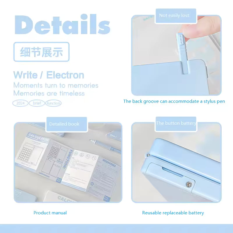 Product details of a blue electronic device with text and images showing features like a back groove for a stylus pen and a reusable battery.