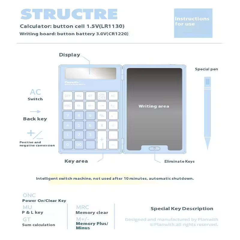 Diagram of a hybrid device with calculator and writing board functions, labeled with features and instructions.
