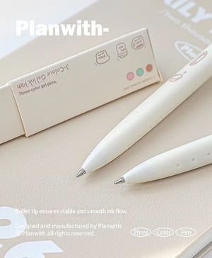 Two white pens with a packaging box on a light surface, featuring the brand 'Planwith'.