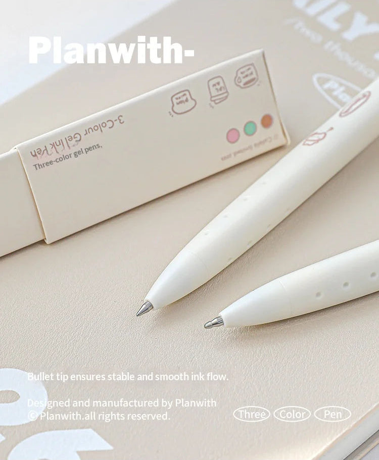Two white pens with a packaging box on a light surface, featuring the brand 'Planwith'.