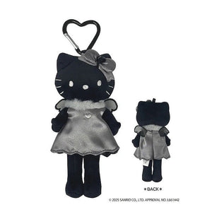 Black and gray plush keychain with heart-shaped clip on a white background