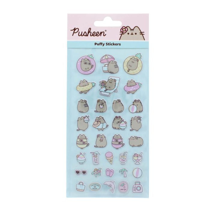 Pack of Pusheen puffy stickers with various designs on a light blue background.