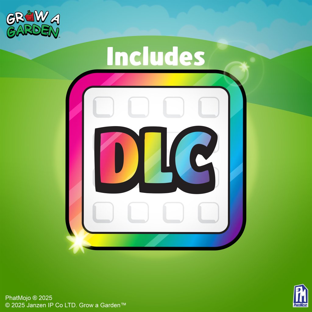 Icon with 'DLC' text on a colorful background with 'Grow a Garden' branding.