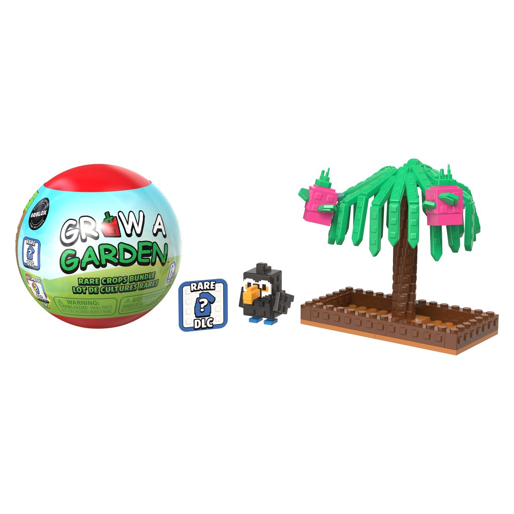 Toy ball with 'Grow a Garden' text, palm tree, and small figure on a white background