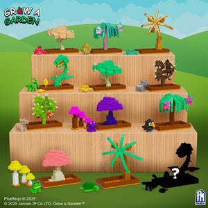 Toy garden set with various plants and animals on a wooden stand against a green landscape background.