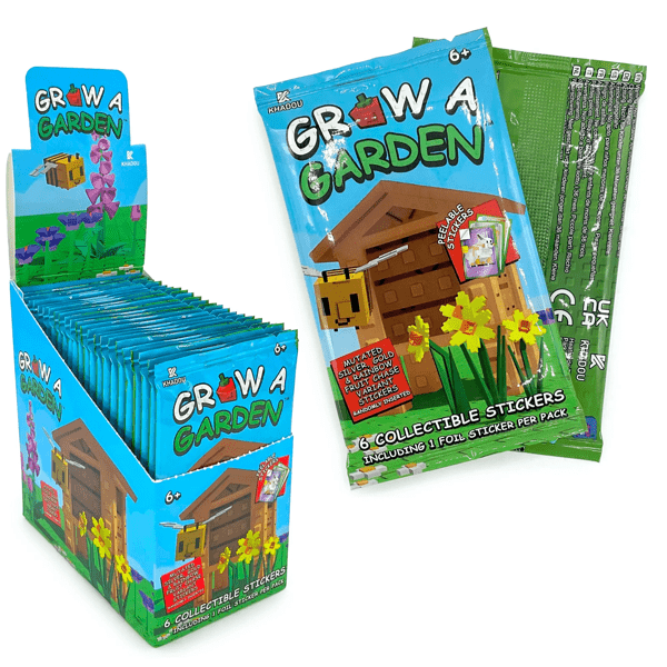 Grow a Garden toy packaging with stickers and shed design on a white background
