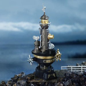 Steampunk-style lamp with 'Rokar' branding on a rocky outcrop with ocean and sky in the background
