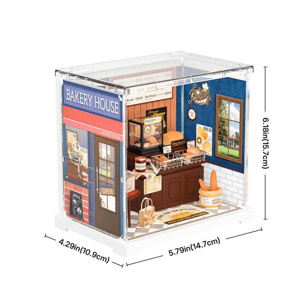 Model of a bakery house with dimensions displayed on a white background