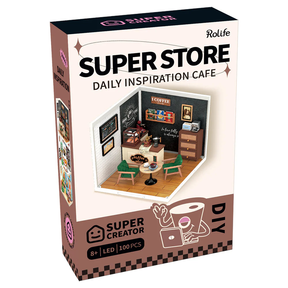 Rolife Super Store Daily Inspiration Cafe packaging with miniature cafe illustration