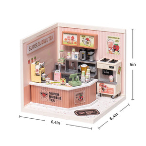 Miniature model of a bubble tea shop with dimensions indicated.
