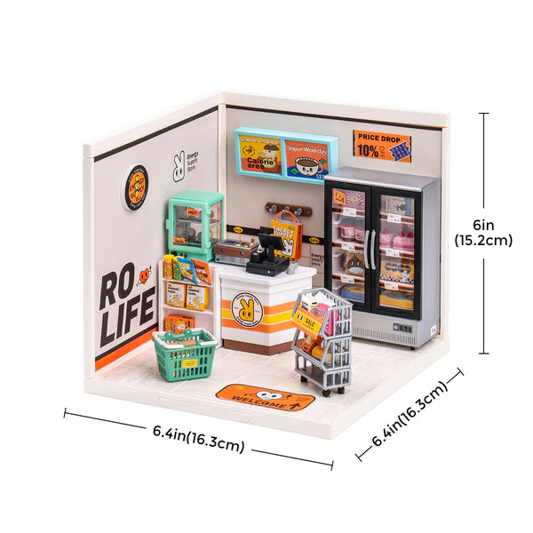 Miniature model of a grocery store with dimensions indicated on a white background
