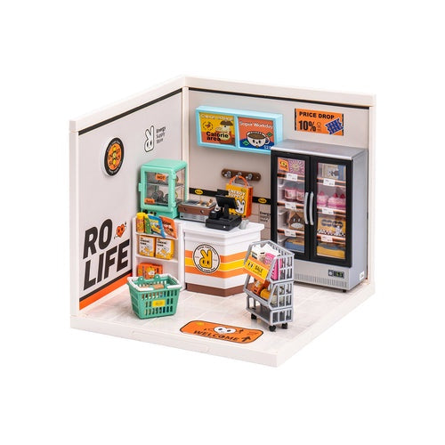 Toy model of a mini supermarket with various items and a cash register.