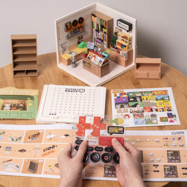Miniature model of a store with accessories on a table