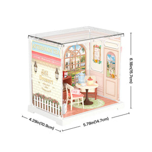 Model of a miniature cafe with dimensions displayed on a white background