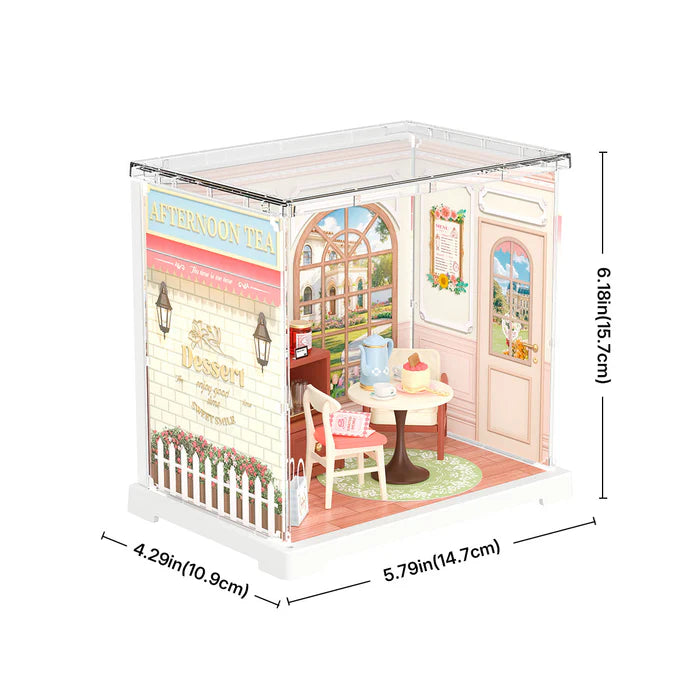 Model of a miniature cafe with dimensions displayed on a white background