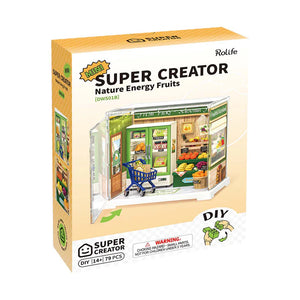 Rolife Super Creator Nature Energy Fruits packaging with a miniature grocery store model on a beige background