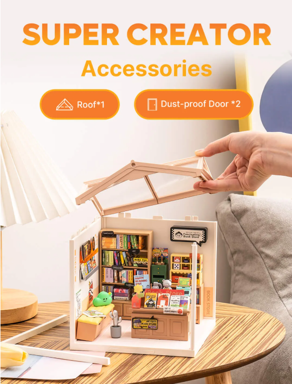 Rolife Roof and Dust-proof Door for Super Creator - 1 Kit displayed with a roof and two dust-proof doors.