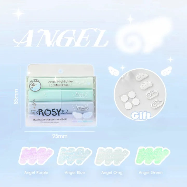 Rosy Angel highlighter set with packaging and color options on a light blue background