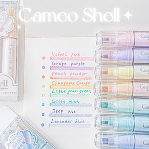 Set of Cameo Shell highlighters with color options listed on a white background