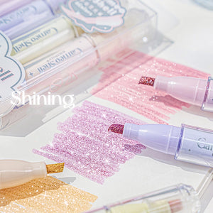 Set of cosmetic products with glittery textures on a white background