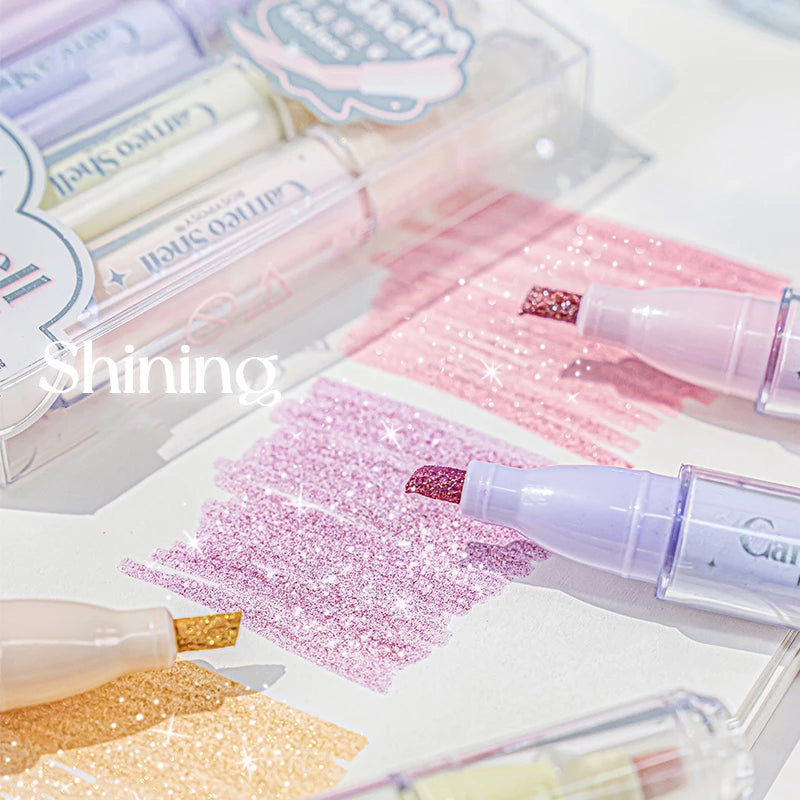Set of cosmetic products with glittery textures on a white background