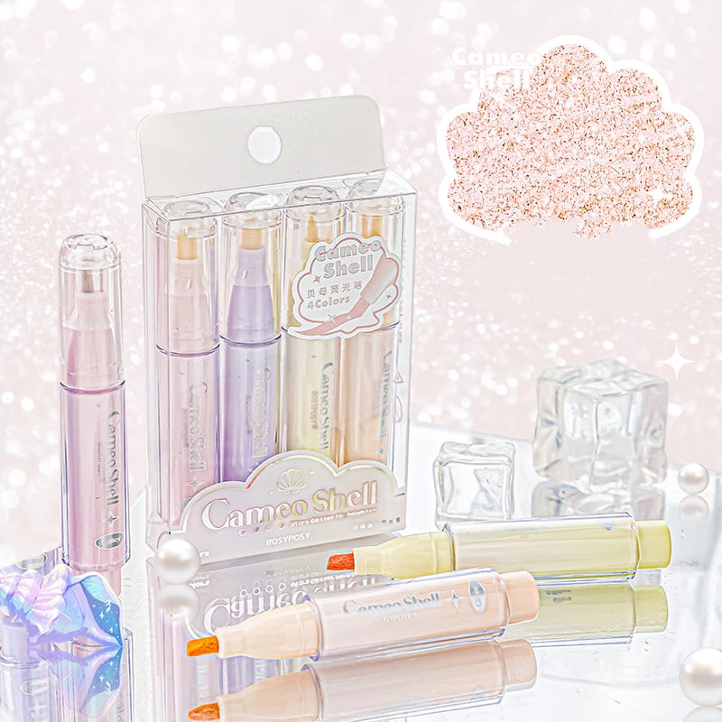Set of colorful markers with packaging on a glittery background