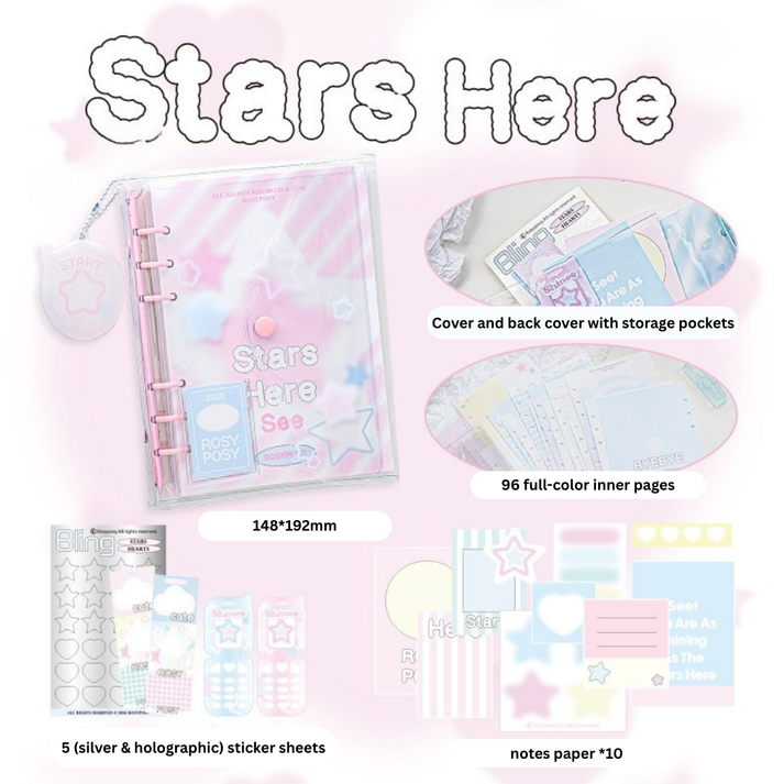Product packaging with text 'Stars Here' on a pink background