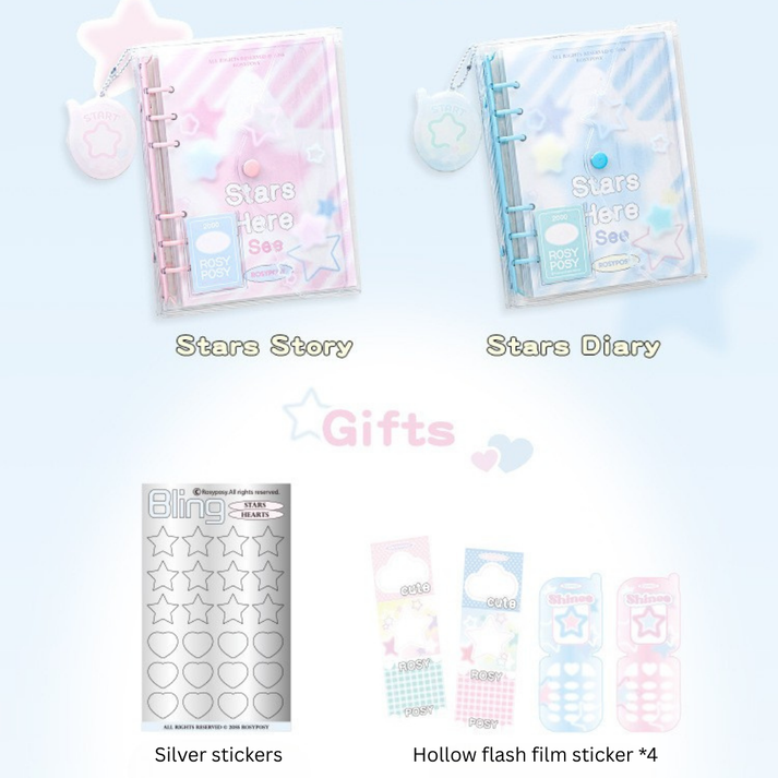Collection of star-themed stationery items including a diary, stickers, and flash film on a light blue background.