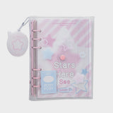 Clear planner with pink accents and 'Stars Here' text, featuring a small star-shaped pouch on a white background.