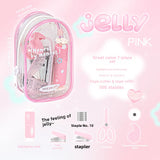 Pink stationery set with a clear case on a pink background, featuring the brand 'Jelly'.