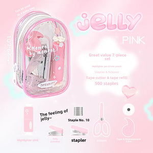 Pink stationery set with a clear case on a pink background, featuring the brand 'Jelly'.