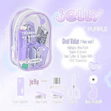 Jelly office supplies set with purple packaging on a matching background