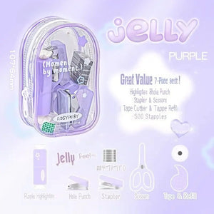 Jelly office supplies set with purple packaging on a matching background