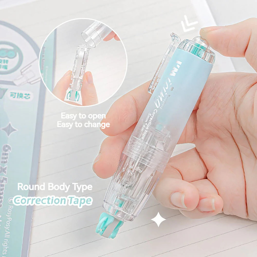RosyPosy "ICING" Collection Soft Ice Penetration Push Correction Tape in use, showcasing easy-to-open design and round body.
