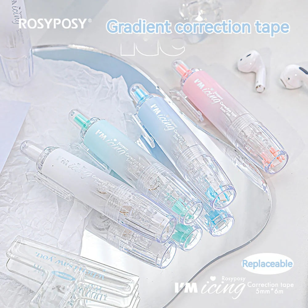 RosyPosy "ICING" Collection Soft Ice Penetration Push Correction Tape in pastel colors on a shiny surface.