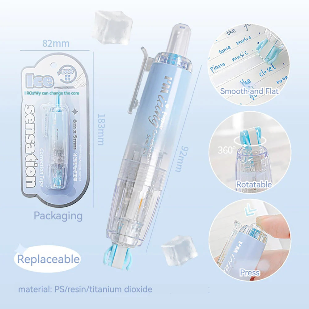 RosyPosy "ICING" Collection Soft Ice Penetration Push Correction Tape showing packaging and features.