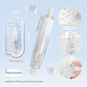 RosyPosy "ICING" Collection Soft Ice Penetration Push Correction Tape with packaging and details on features like replaceable core.