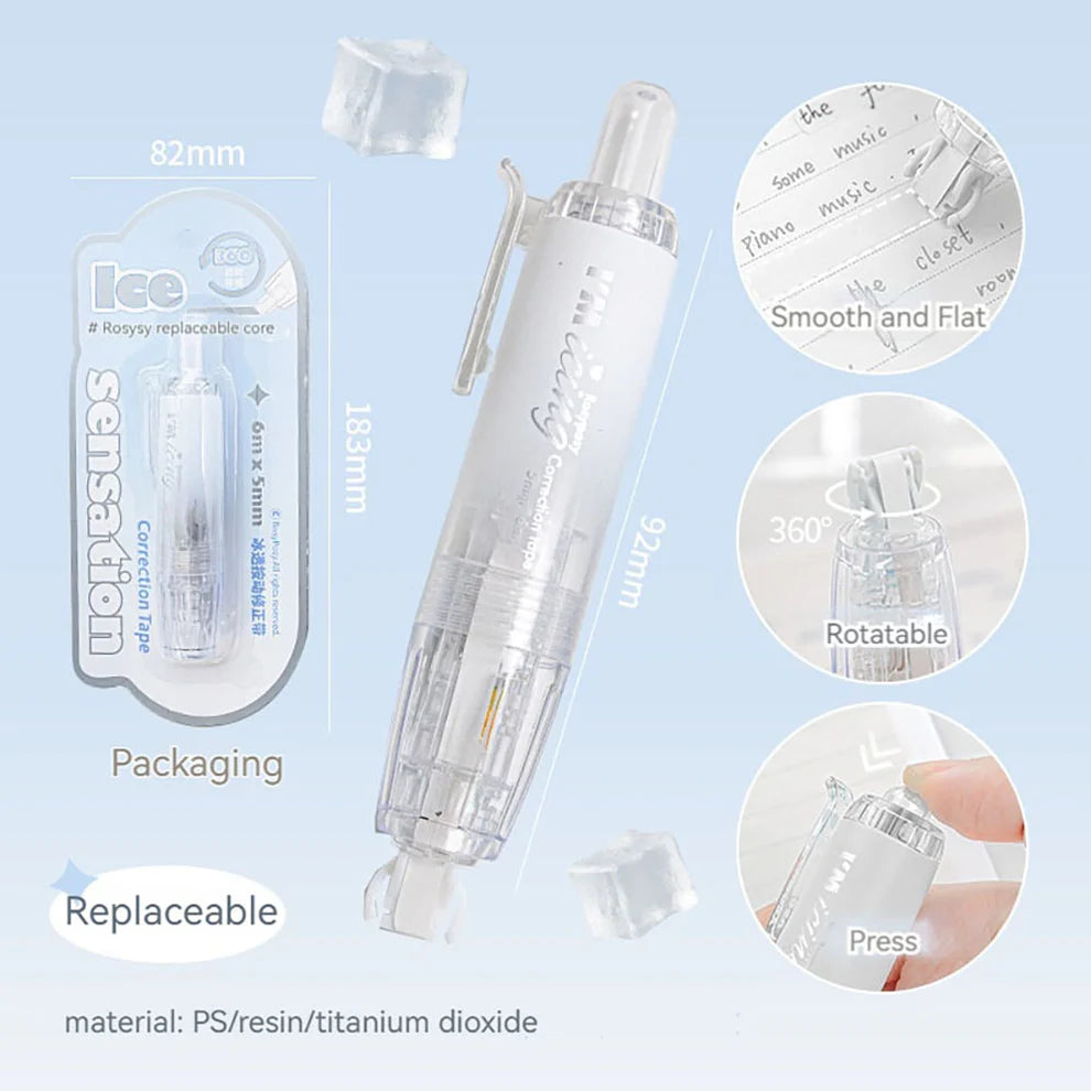 RosyPosy "ICING" Collection Soft Ice Penetration Push Correction Tape with packaging and details on features like replaceable core.