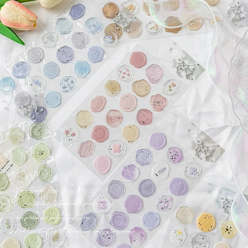 Assorted colorful round stickers on a white background with transparent overlay