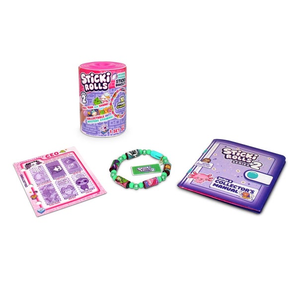 Sticki Rolls product set with can, bracelet, and collector's manual on a white background