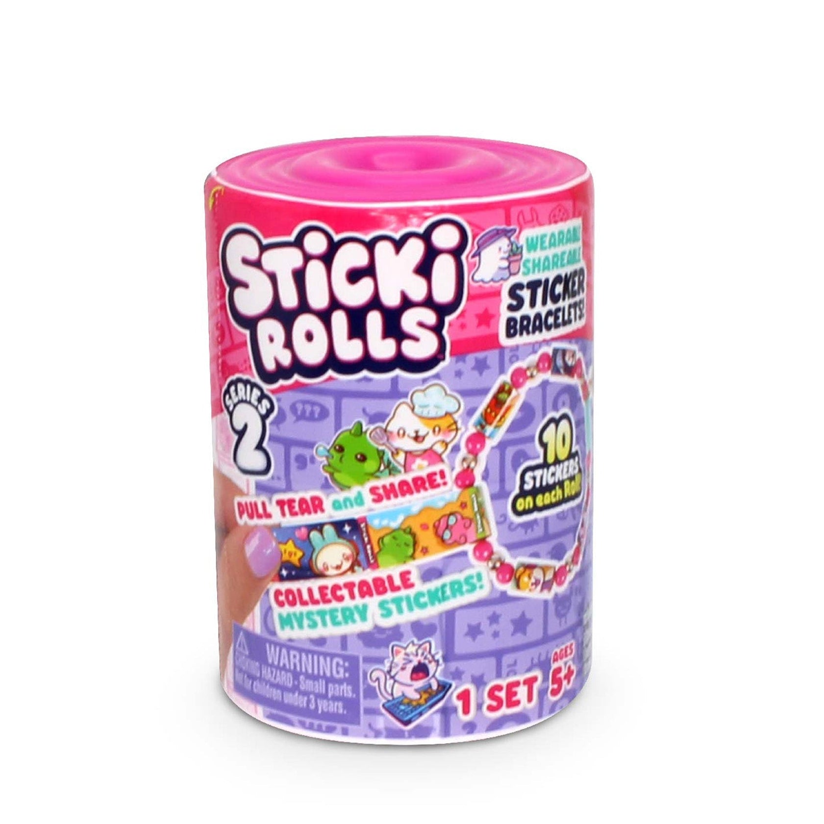 Container of Sticki Rolls with pink lid and colorful label on a white background