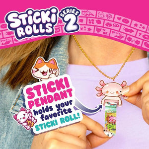Sticki Rolls Series 2 pendant with cartoon character design on a pink background