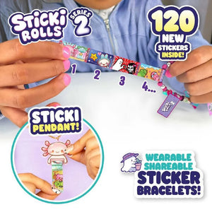 Wearable sticker bracelets with 'Sticki Rolls' branding and colorful stickers.