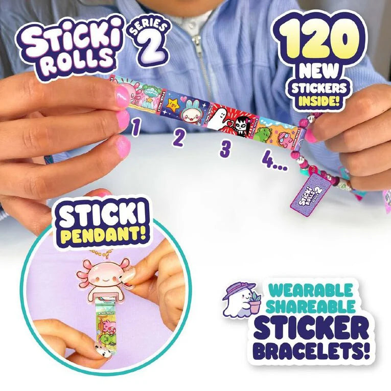 Wearable sticker bracelets with 'Sticki Rolls' branding and colorful stickers.