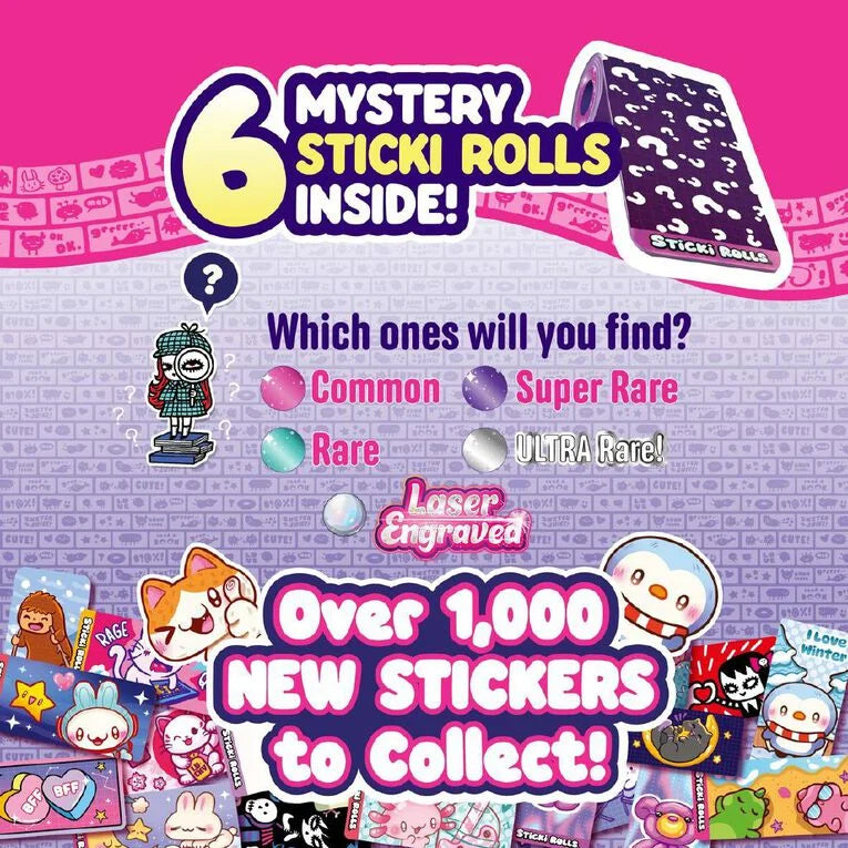 Promotional image for a product with 6 mystery sticki rolls, featuring cartoon characters and text on a pink and purple background.