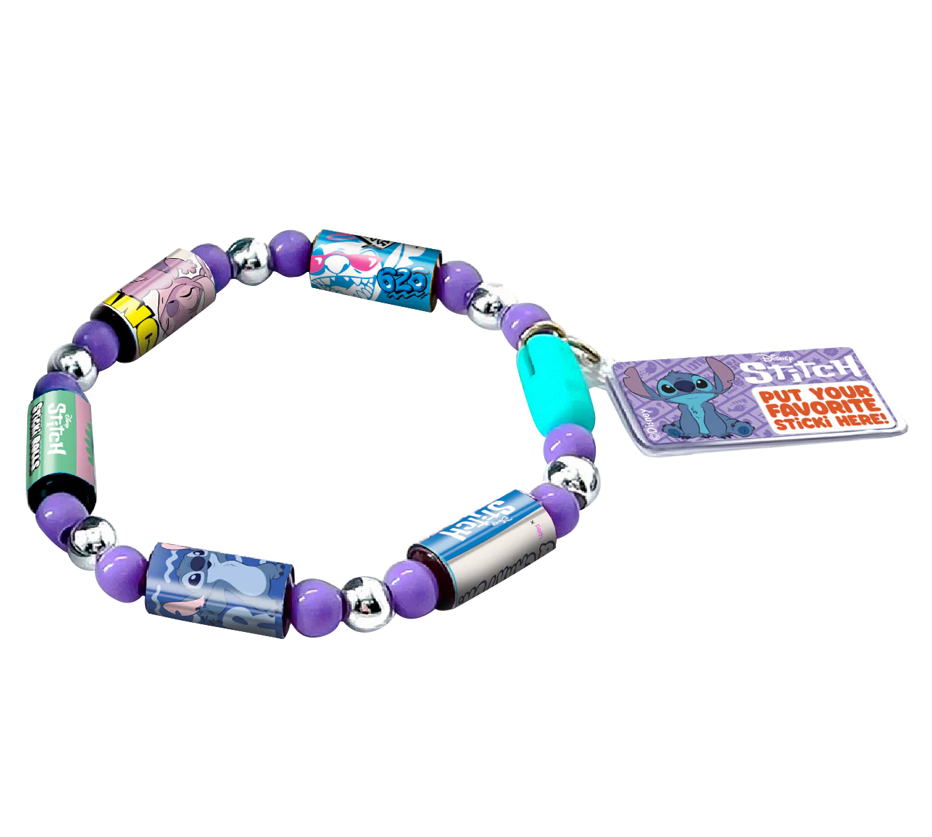 Colorful beaded bracelet with cartoon character charms on a white background