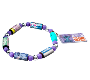 Colorful beaded bracelet with cartoon character charms on a white background