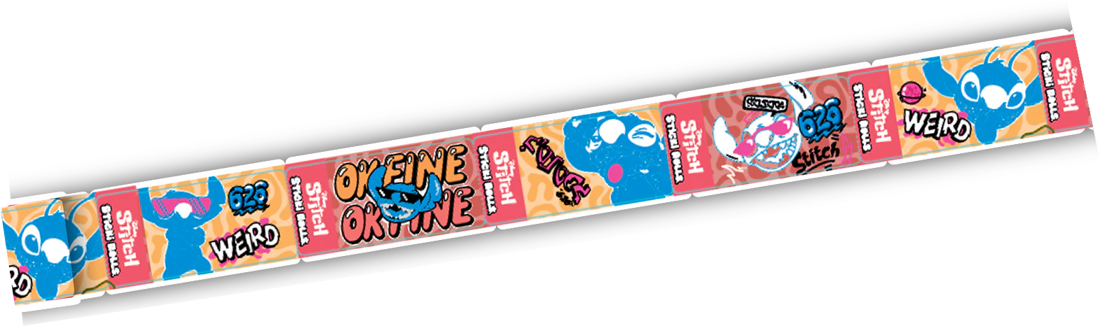 Colorful belt with cartoon character designs and text on a white background